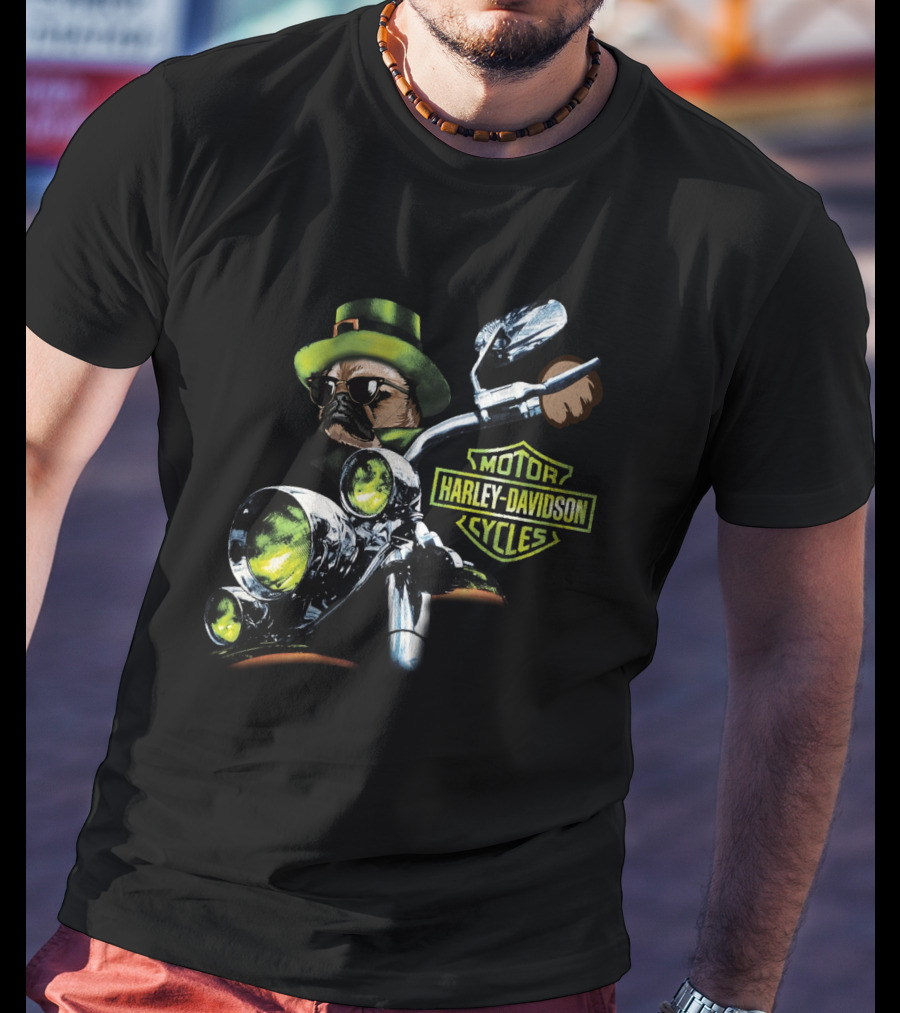 Harley Davidson Motorcycles Pug Riding St Patrick's Day T-Shirt