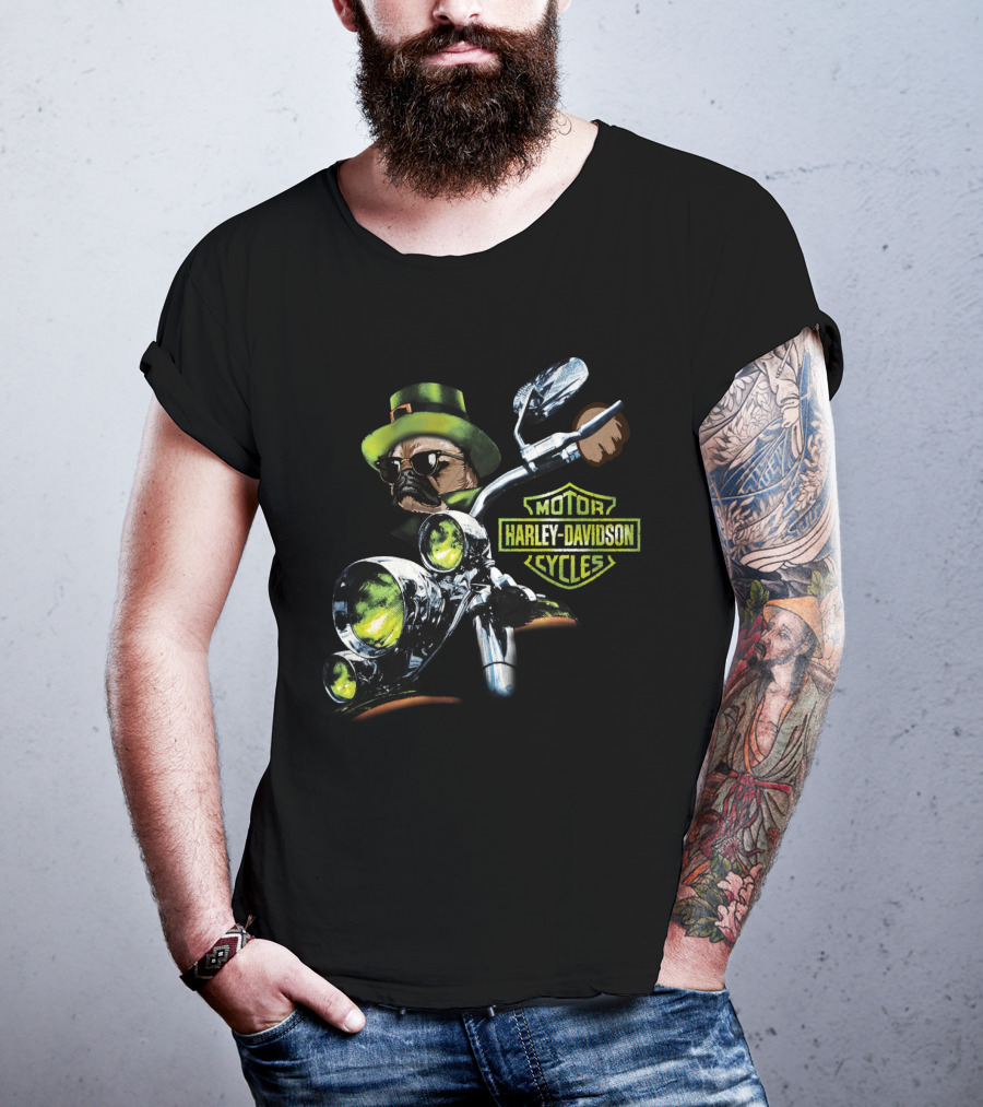Harley Davidson Motorcycles Pug Riding St Patrick's Day T-Shirt