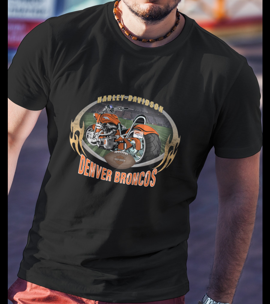 Denver Broncos Harley Davidson Motorcycle Football T-Shirt