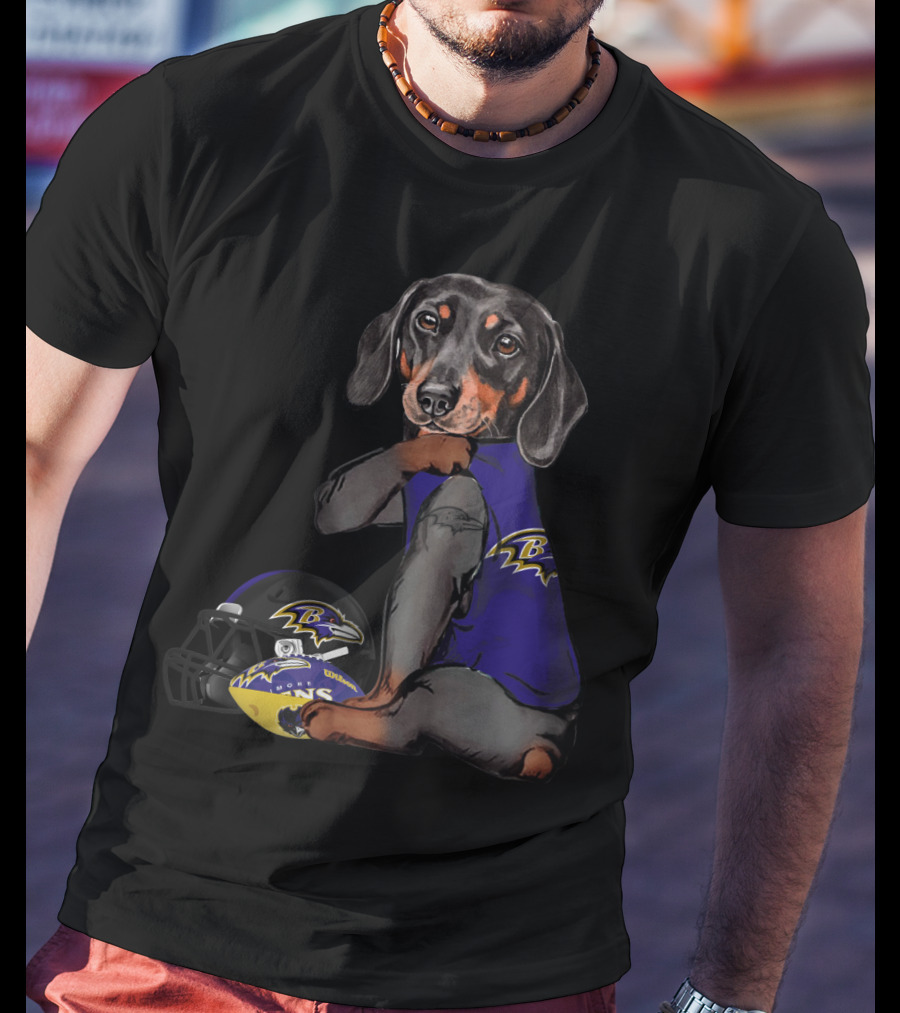 Baltimore Ravens Dachshund Wearing Team Jersey With Football Helmet T-Shirt