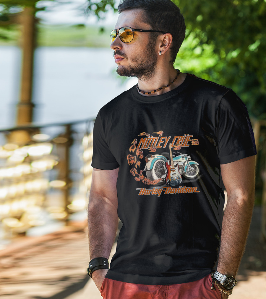 Motley Crue Harley Davidson Motorcycle With Electric Guitar And Flames T-Shirt