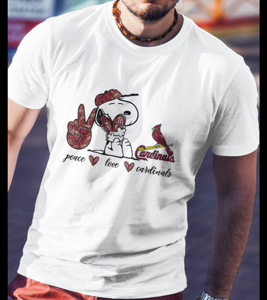 Peace Love Cardinals Snoopy Wearing Cardinals Hat T-Shirt