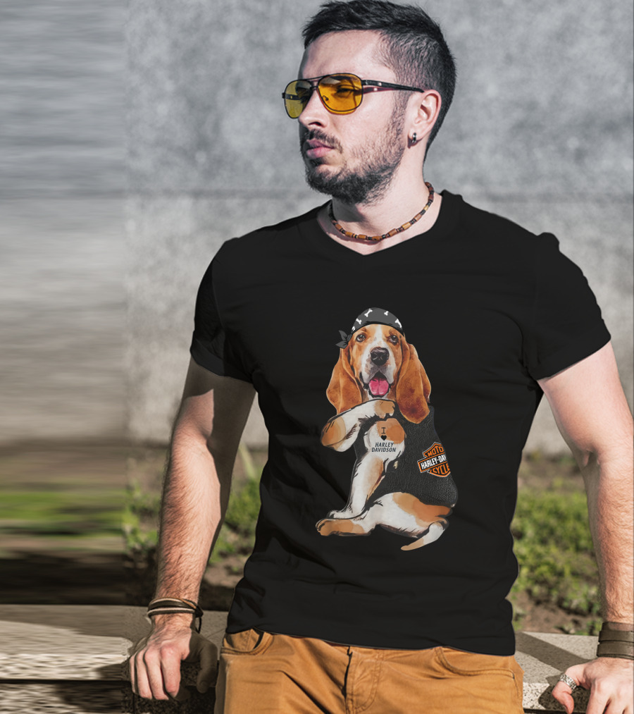Basset Hound Harley Davidson Fan With Motorcycles Bandana T-Shirt