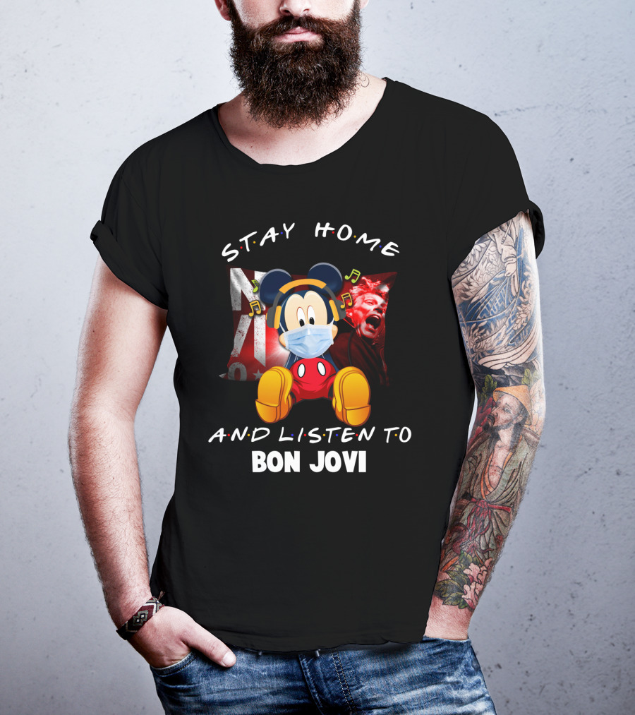 Stay Home And Listen To Bon Jovi Mickey Mouse Masked Music Notes T-Shirt