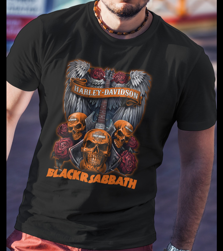 Black Sabbath Harley Davidson Skull Wings Guitar Rose T-Shirt