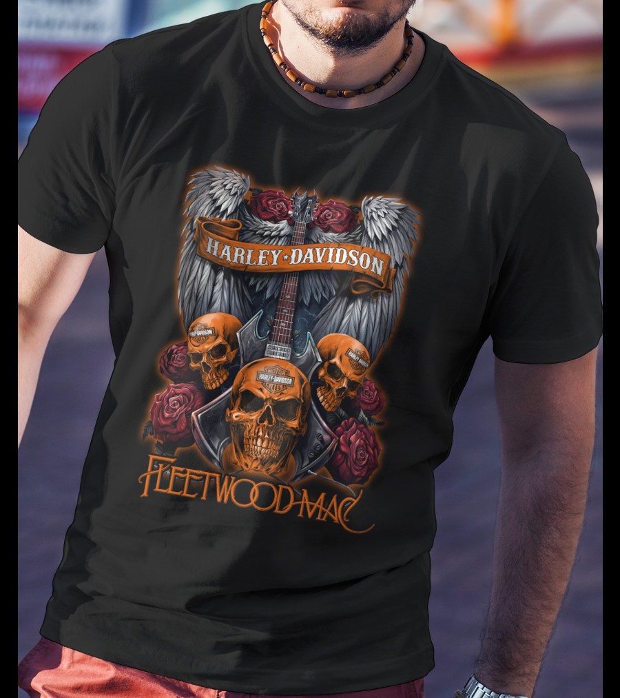Fleetwood Mac Harley Davidson Skull Guitar Wings Roses T-Shirt