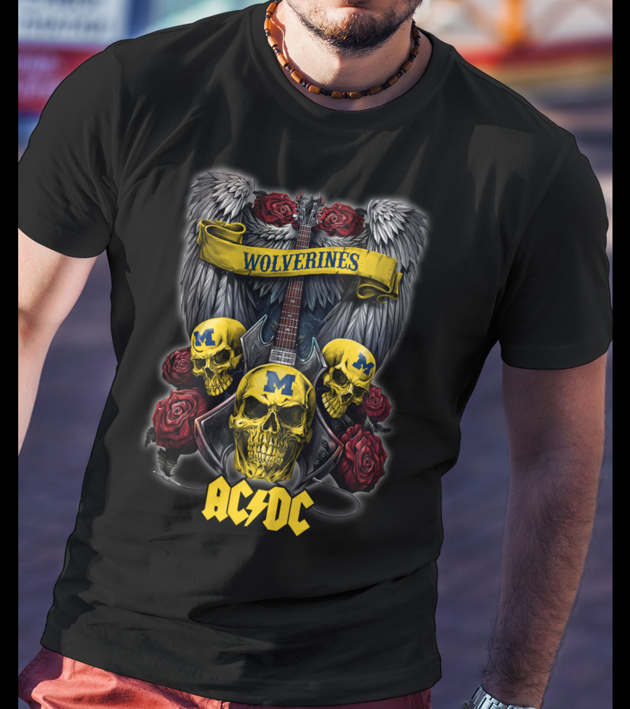 Wolverines Michigan 48 ACDC Skulls And Guitar Wings Roses T-Shirt