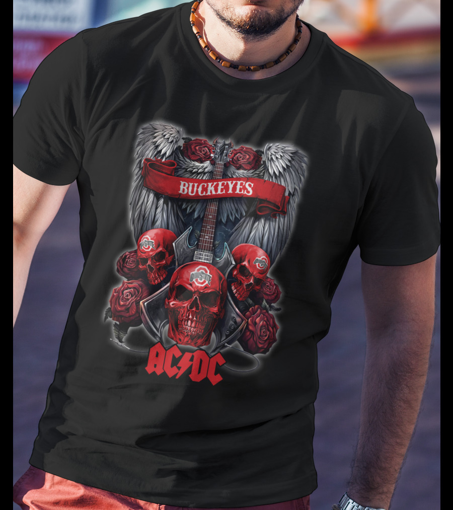 Ohio State Buckeyes ACDC Skull Wings Roses Guitar T-Shirt