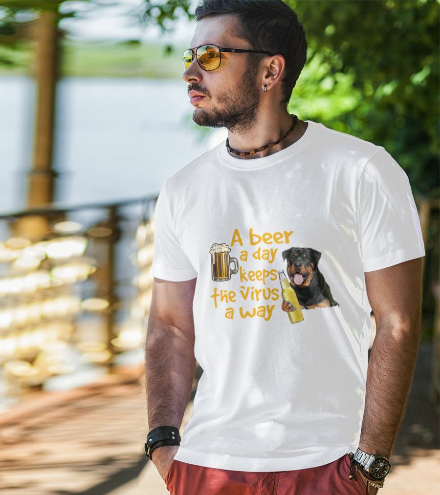 A Beer A Day Keeps The Virus Away With Rottweiler Holding Beer Bottle T-Shirt