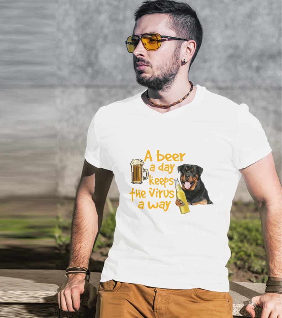 A Beer A Day Keeps The Virus Away With Rottweiler Holding Beer Bottle T-Shirt