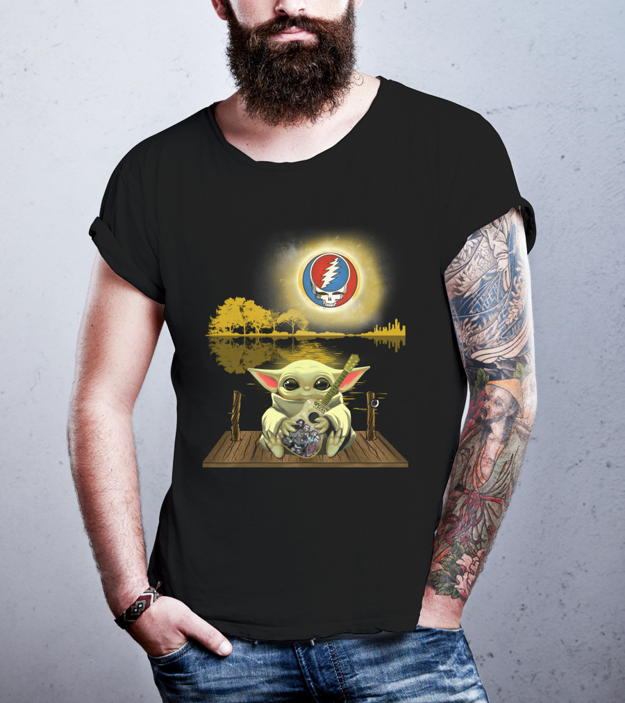 Grateful Dead Lightning Skull With Baby Yoda Playing Guitar On Dock And Sunset T-Shirt