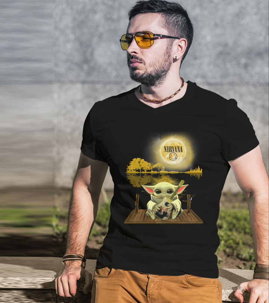 Nirvana Baby Yoda Playing Guitar Under Smiley Face Moon T-Shirt