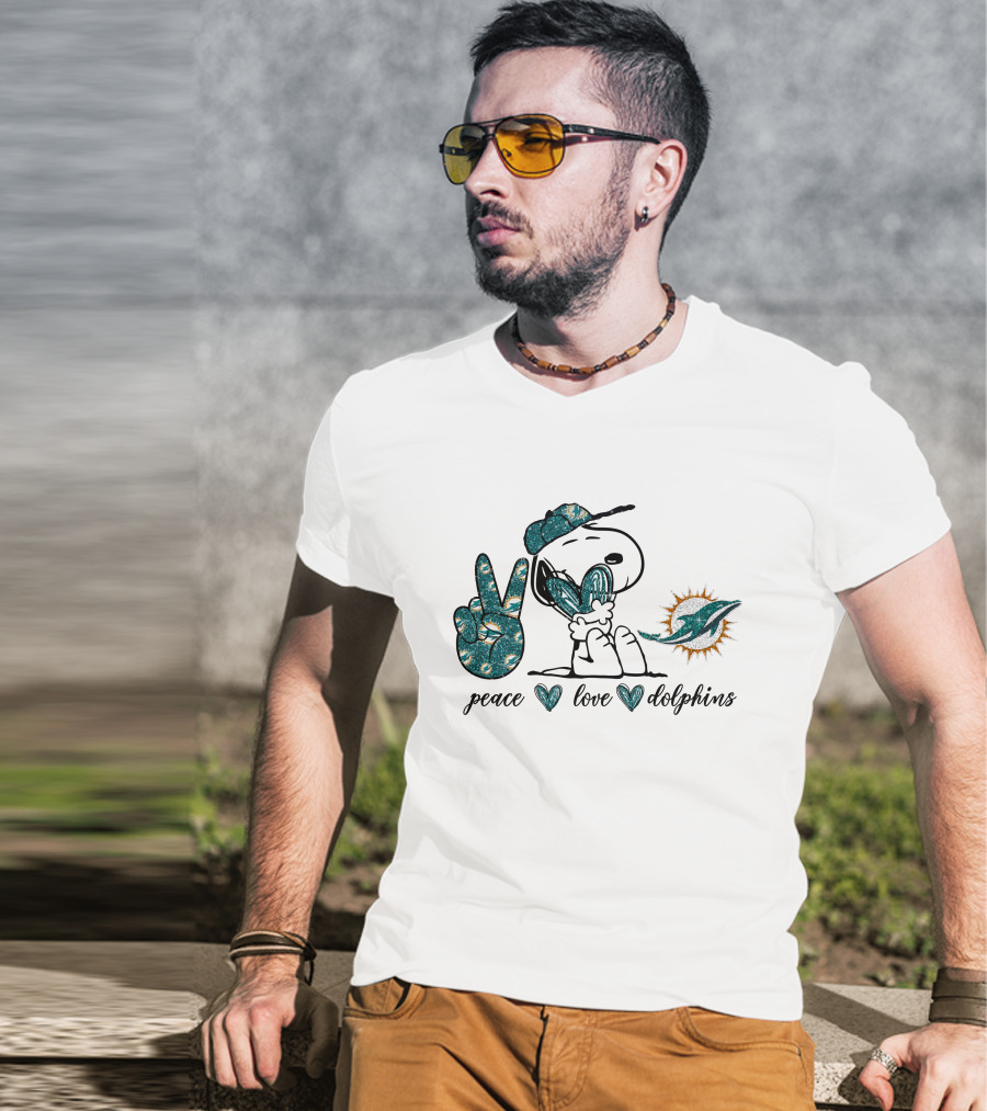 Peace Love Miami Dolphins Snoopy Fan Art Football T-Shirt