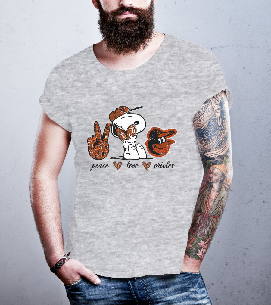 Peace Love Orioles Snoopy Style Baltimore Orioles T-Shirt