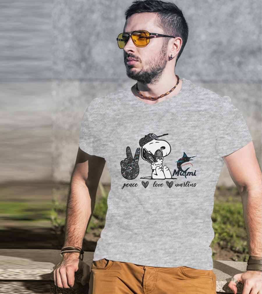 Peace Love Miami Marlins Snoopy Baseball Fan T-Shirt