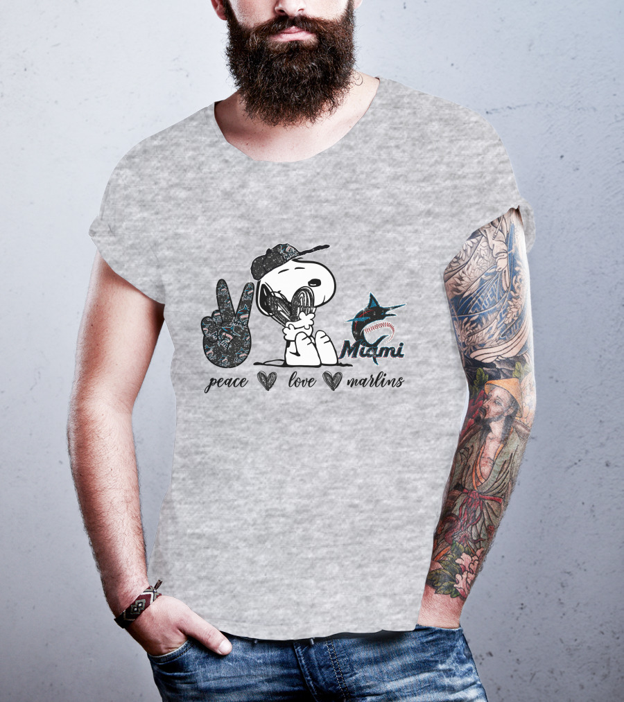 Peace Love Miami Marlins Snoopy Baseball Fan T-Shirt