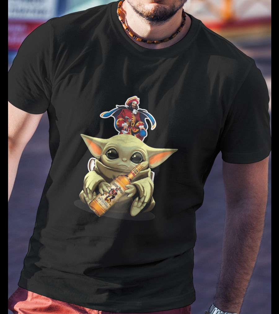 Baby Yoda Holding Captain Morgan Spiced Rum Bottle T-Shirt