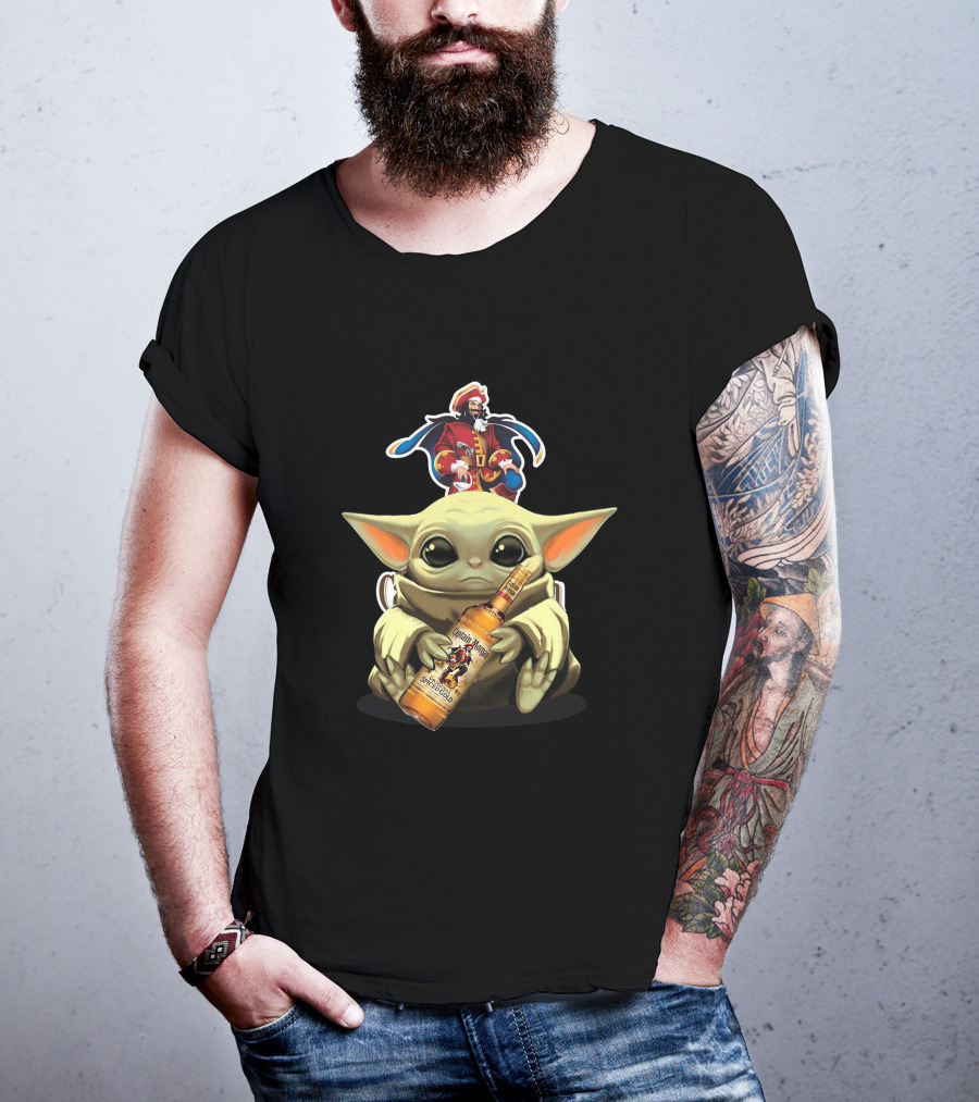 Baby Yoda Holding Captain Morgan Spiced Rum Bottle T-Shirt