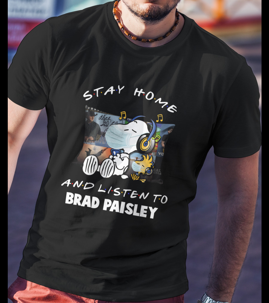 Stay Home And Listen To Brad Paisley Snoopy With Headphones Mask T-Shirt