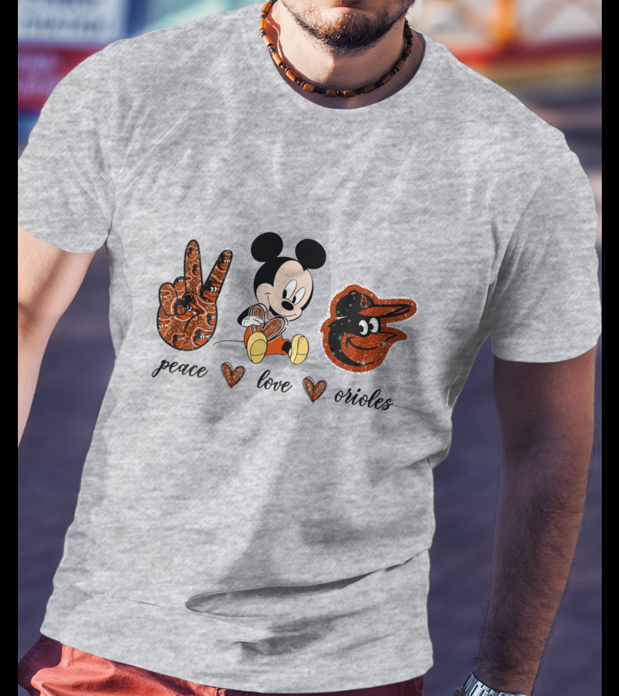 Mickey Mouse Peace Love Orioles Baseball Team T-Shirt