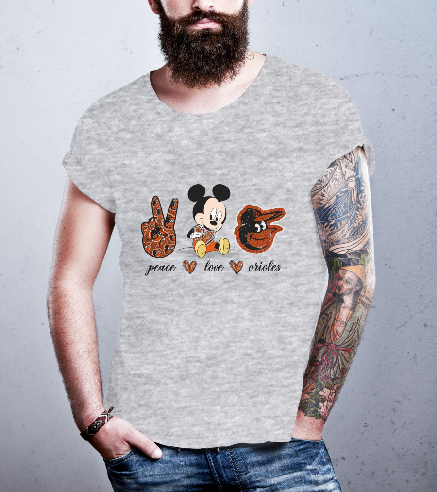 Mickey Mouse Peace Love Orioles Baseball Team T-Shirt