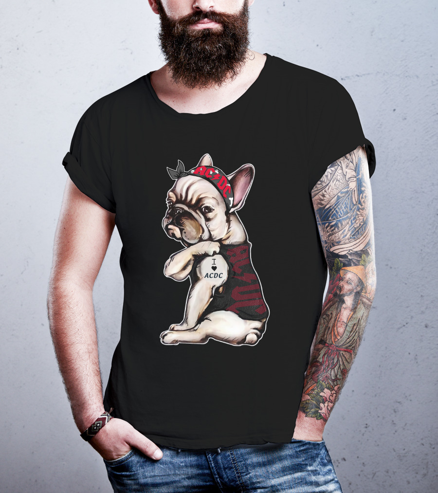 French Bulldog I Love Ac/Dc Black Bandana Rock Style T-Shirt