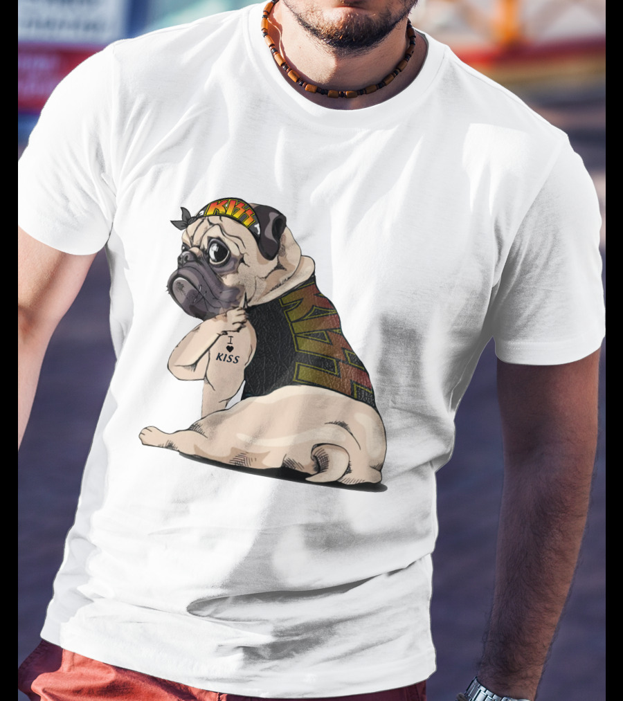 Kiss Bandana Pug With I Love Kiss Tattoo T-Shirt