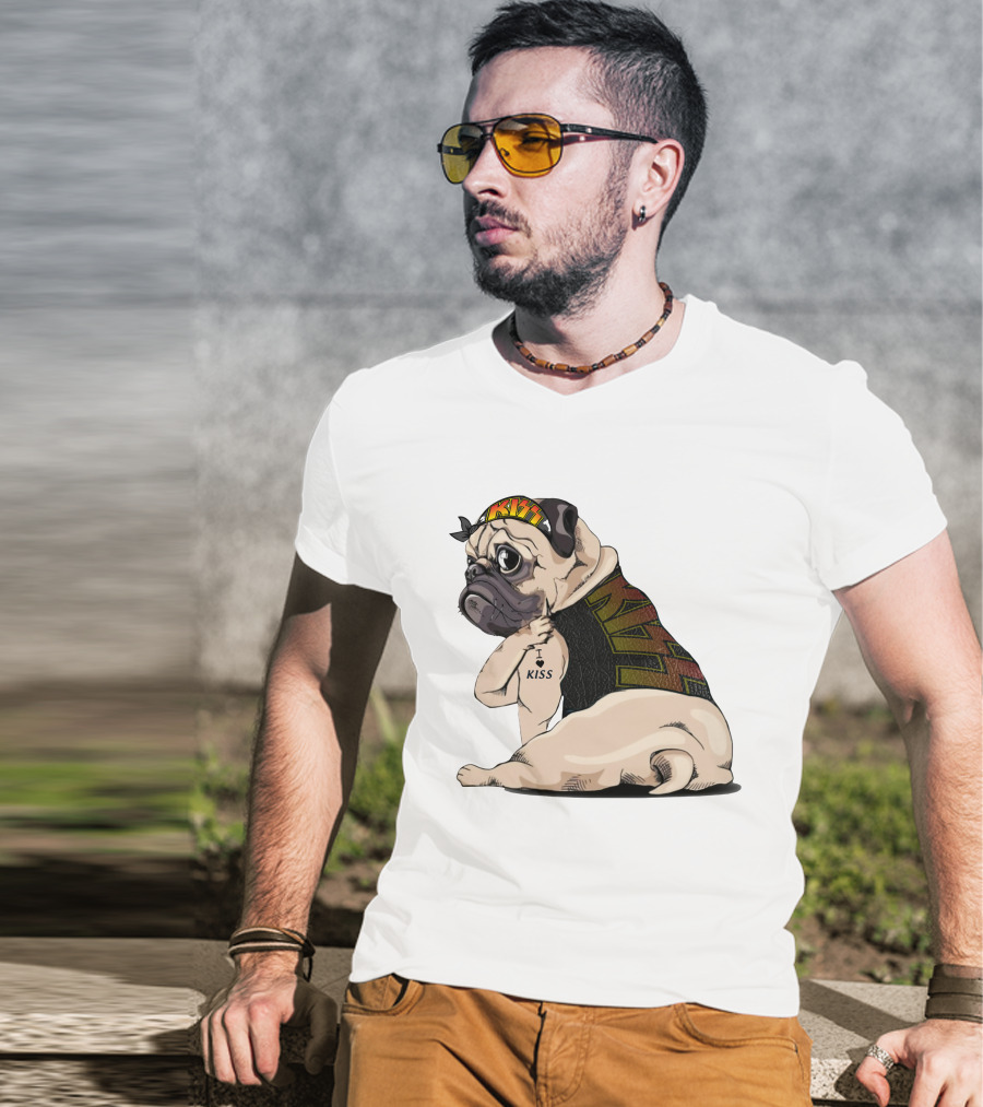 Kiss Bandana Pug With I Love Kiss Tattoo T-Shirt