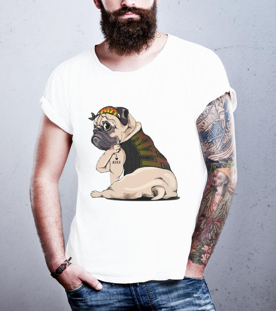 Kiss Bandana Pug With I Love Kiss Tattoo T-Shirt