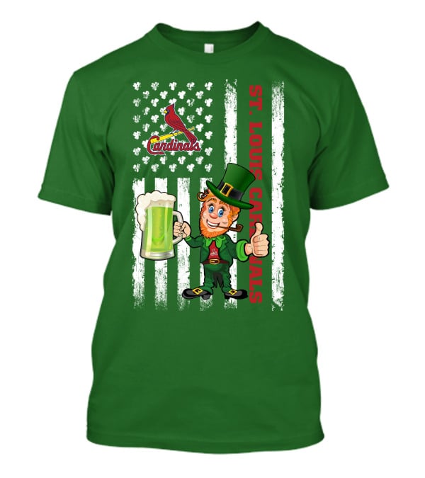 St. Louis Cardinals St Patrick's Day Leprechaun Beer Cheers With Shamrock Flag T-Shirt