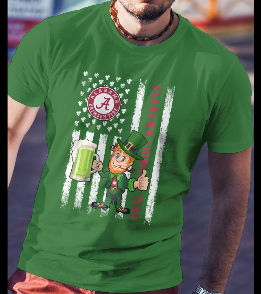 Alabama Crimson Tide St Patrick's Day Leprechaun Flag And Beer Mug T-Shirt