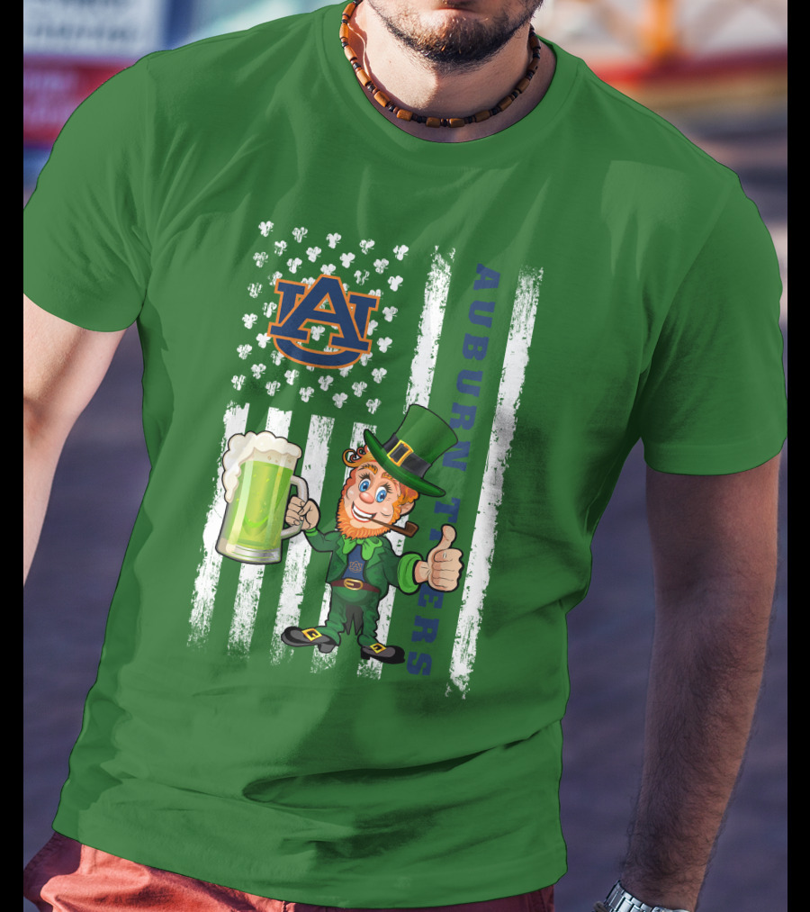 Auburn Tigers Leprechaun Holding Beer With Shamrocks St Patrick's Day T-Shirt