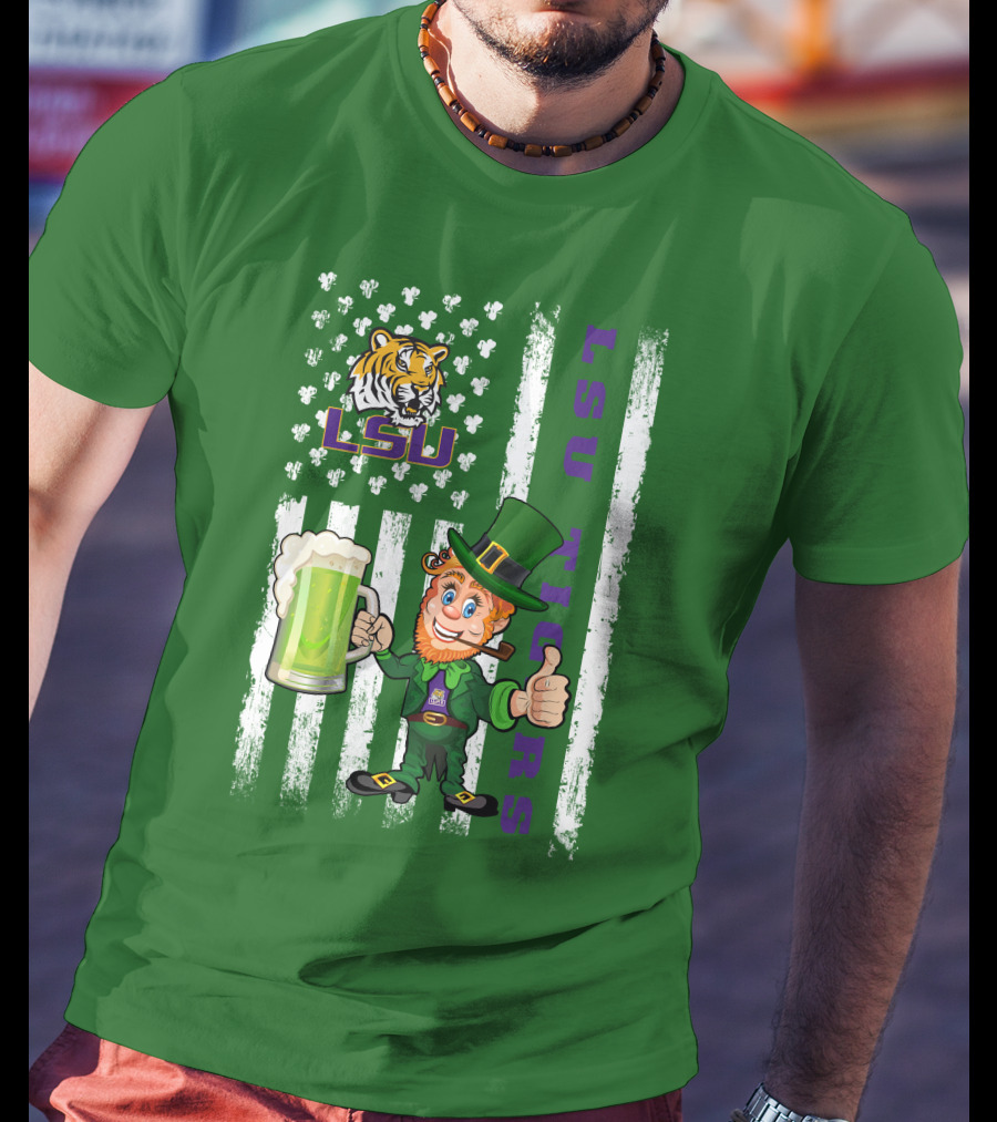 LSU Tigers St Patrick's Day Leprechaun Irish Flag With Beer Mug T-Shirt