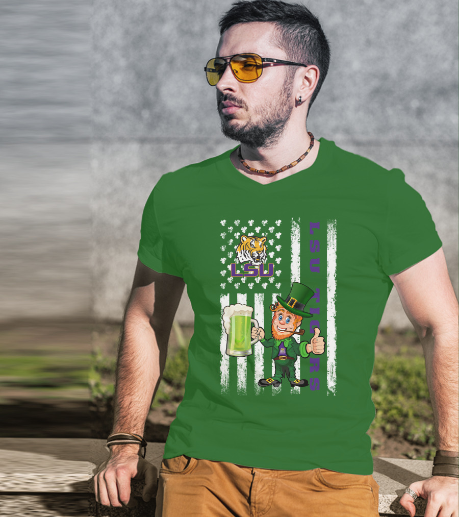 LSU Tigers St Patrick's Day Leprechaun Irish Flag With Beer Mug T-Shirt