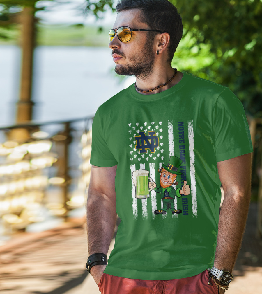 Notre Dame Fighting Irish Leprechaun With Beer And Shamrock Flag T-Shirt