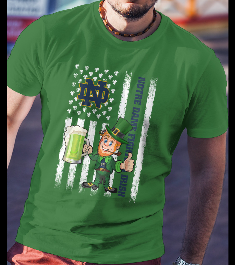 Notre Dame Fighting Irish Leprechaun With Beer And Shamrock Flag T-Shirt