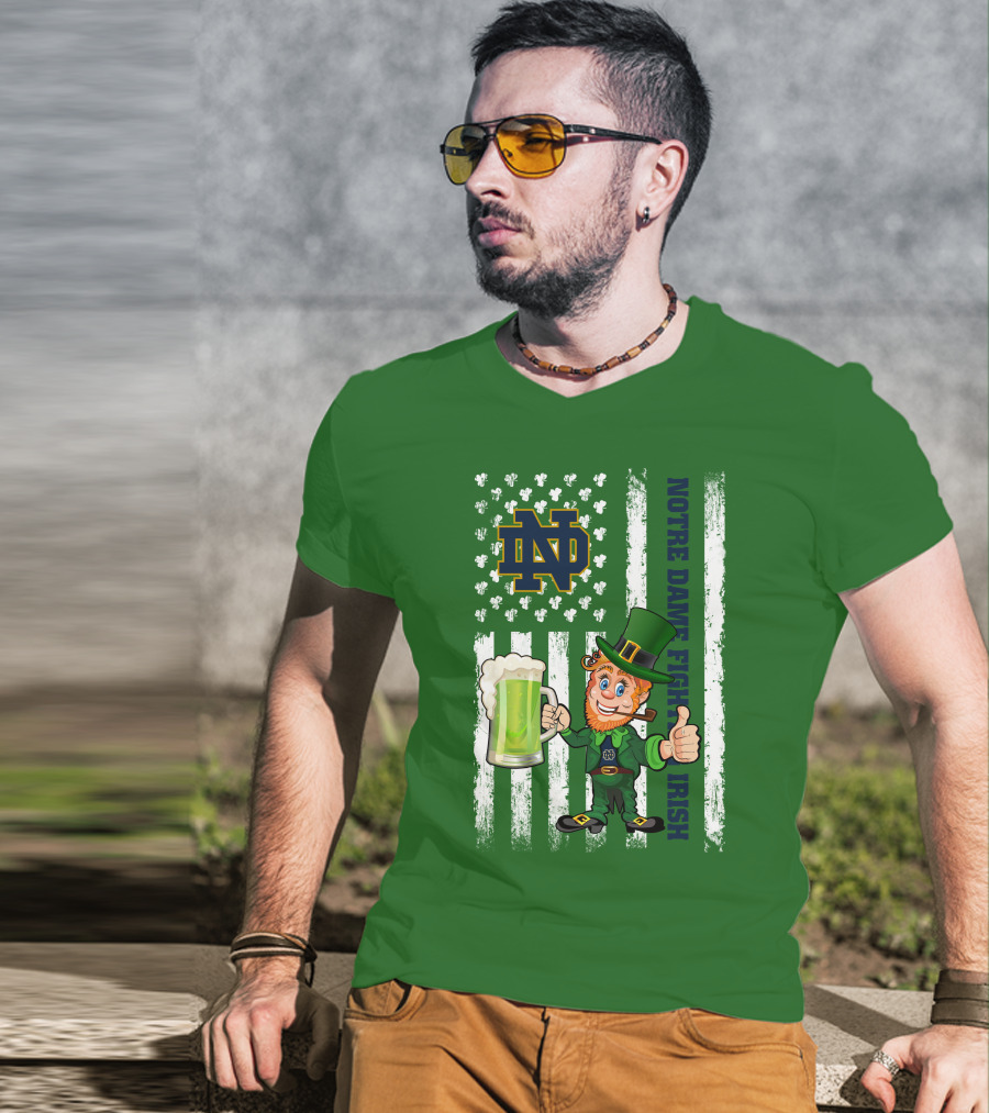 Notre Dame Fighting Irish Leprechaun With Beer And Shamrock Flag T-Shirt