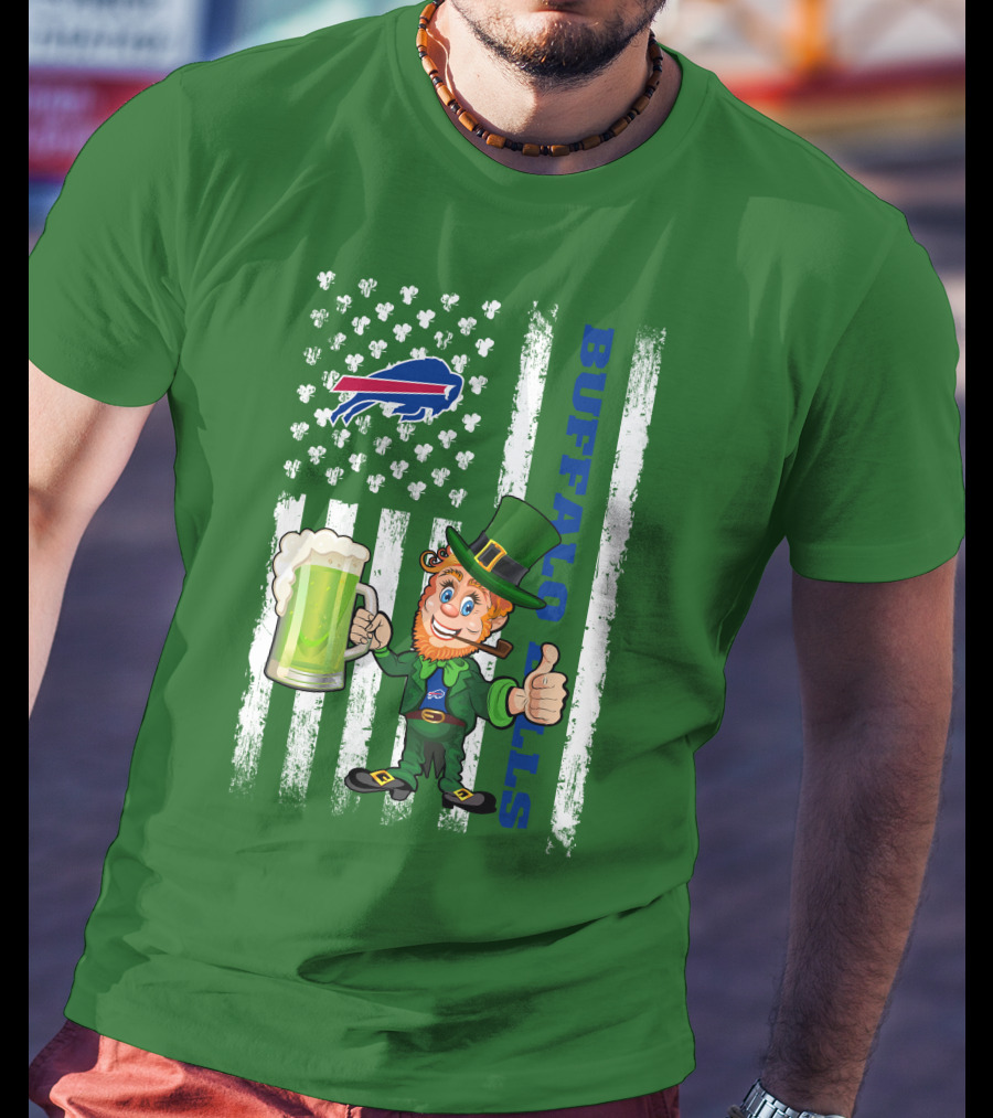 Buffalo Bills St Patrick's Day Leprechaun American Flag Shamrocks Beer T-Shirt