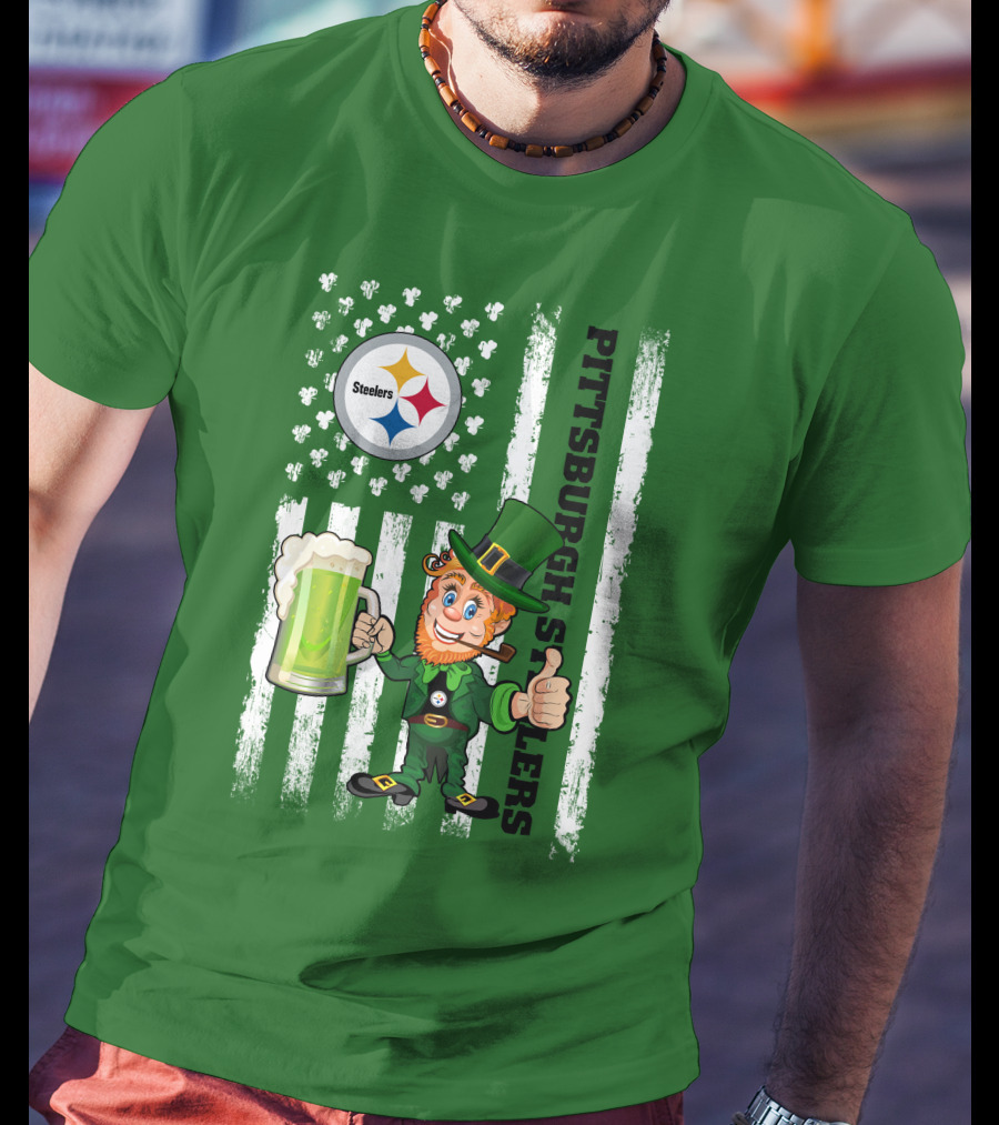 Pittsburgh Steelers Leprechaun St Patrick's Day Shamrock Beer Flag T-Shirt