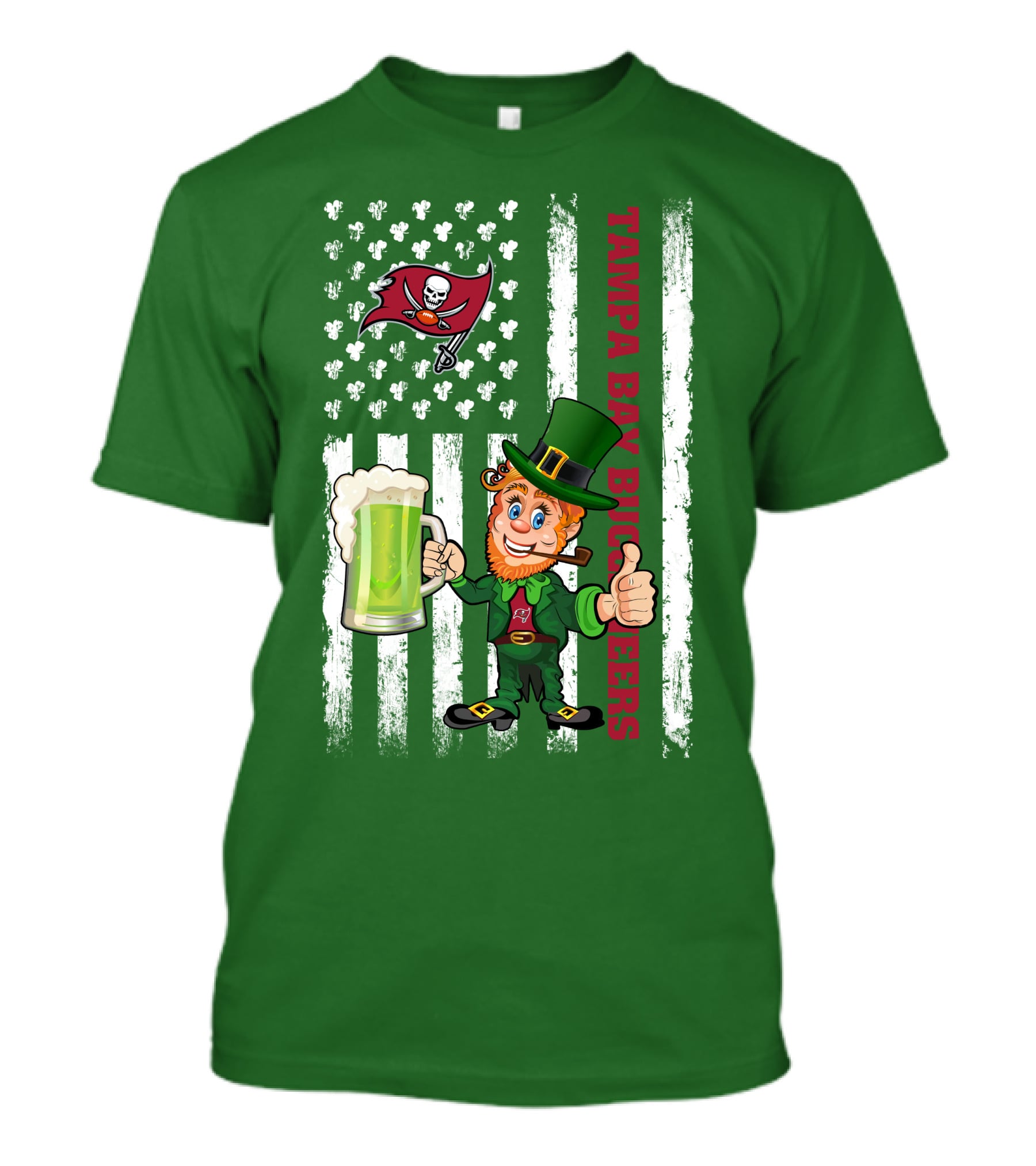 Tampa Bay Buccaneers St Patrick's Day Leprechaun Flag With Shamrocks And Green Beer T-Shirt