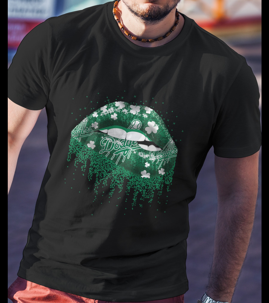 Los Angeles Dodgers Green Lips Clover Baseball T-Shirt