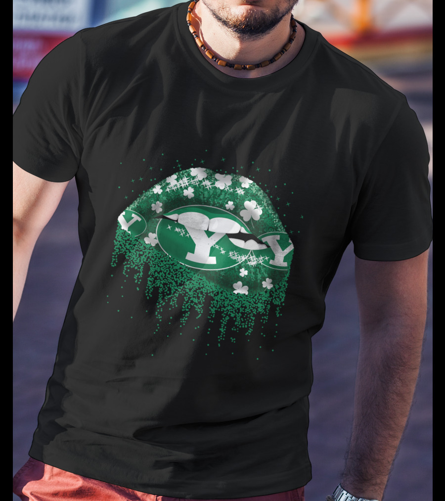 BYU Cougars Lips With Green Glitter And Shamrock T-Shirt