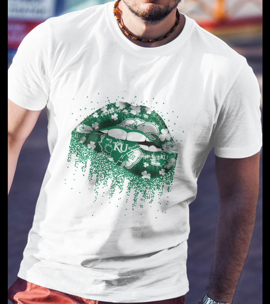 Kansas Jayhawks Lips Green Shamrock KU T-Shirt