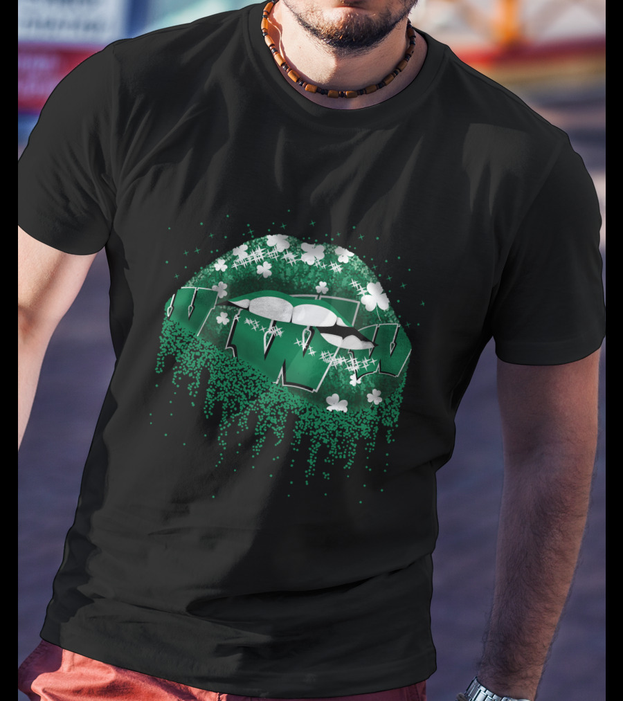Wisconsin Badgers Lips Green Glitter Shamrock T-Shirt