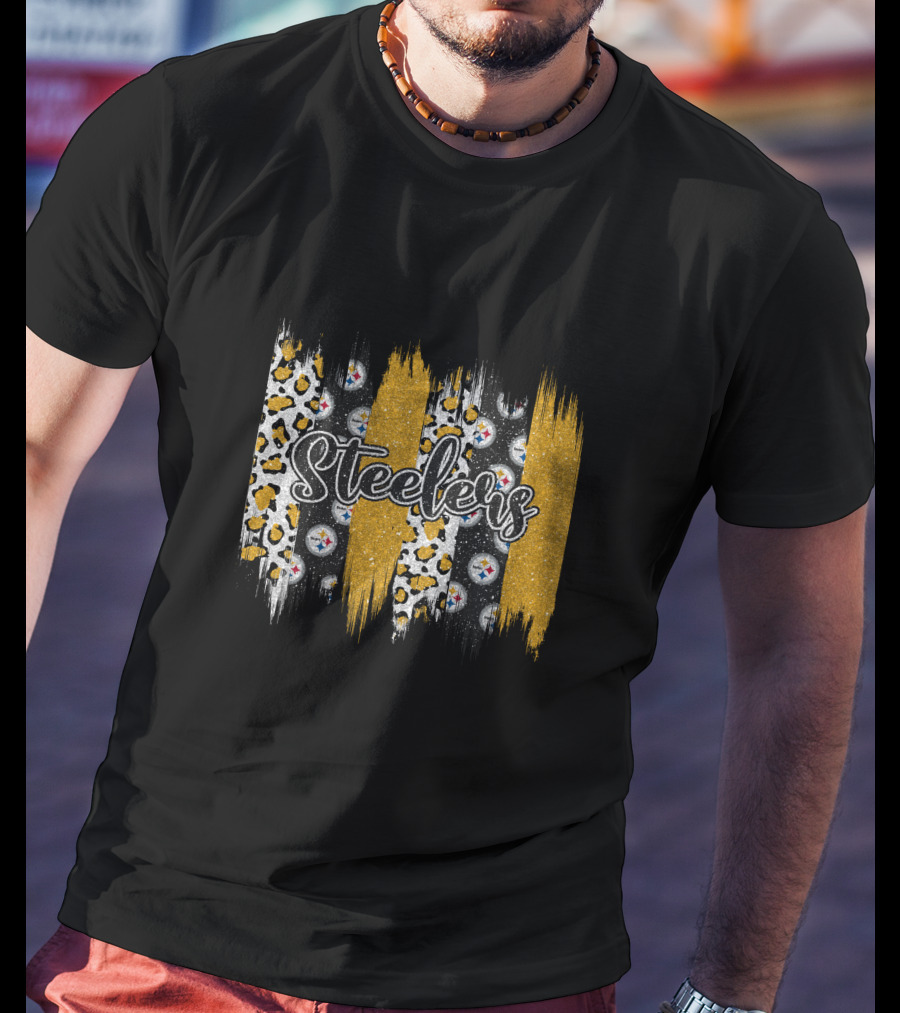 Steelers Leopard Glitter Stripes Brushstroke T-Shirt