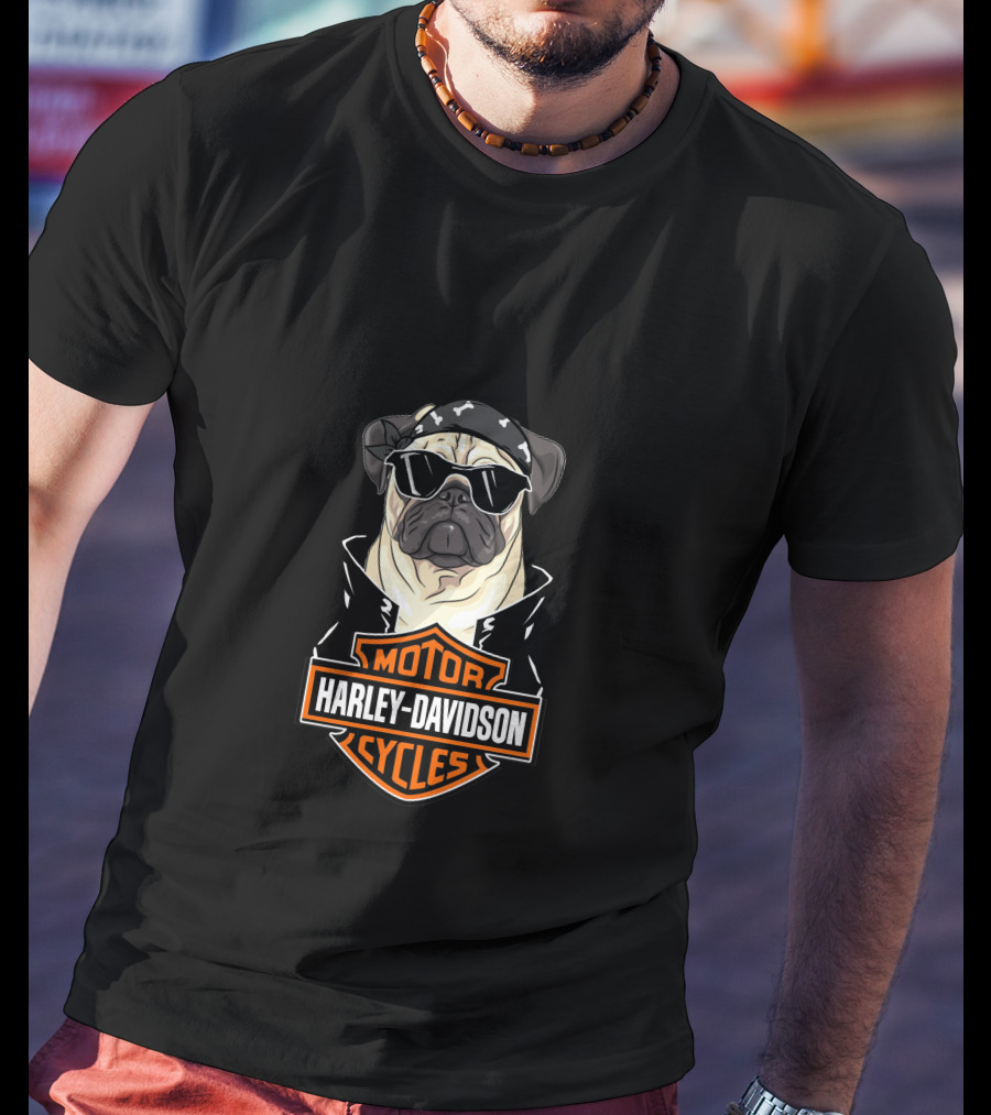 Pug In Harley Davidson Motorcycles Logo With Bandana And Sunglasses T-Shirt