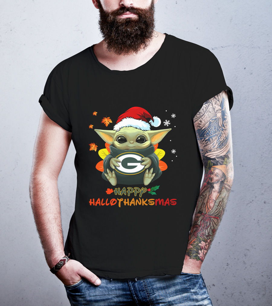 Happy Hallothanksmas Green Bay Packers Baby Yoda Santa Hat T-Shirt
