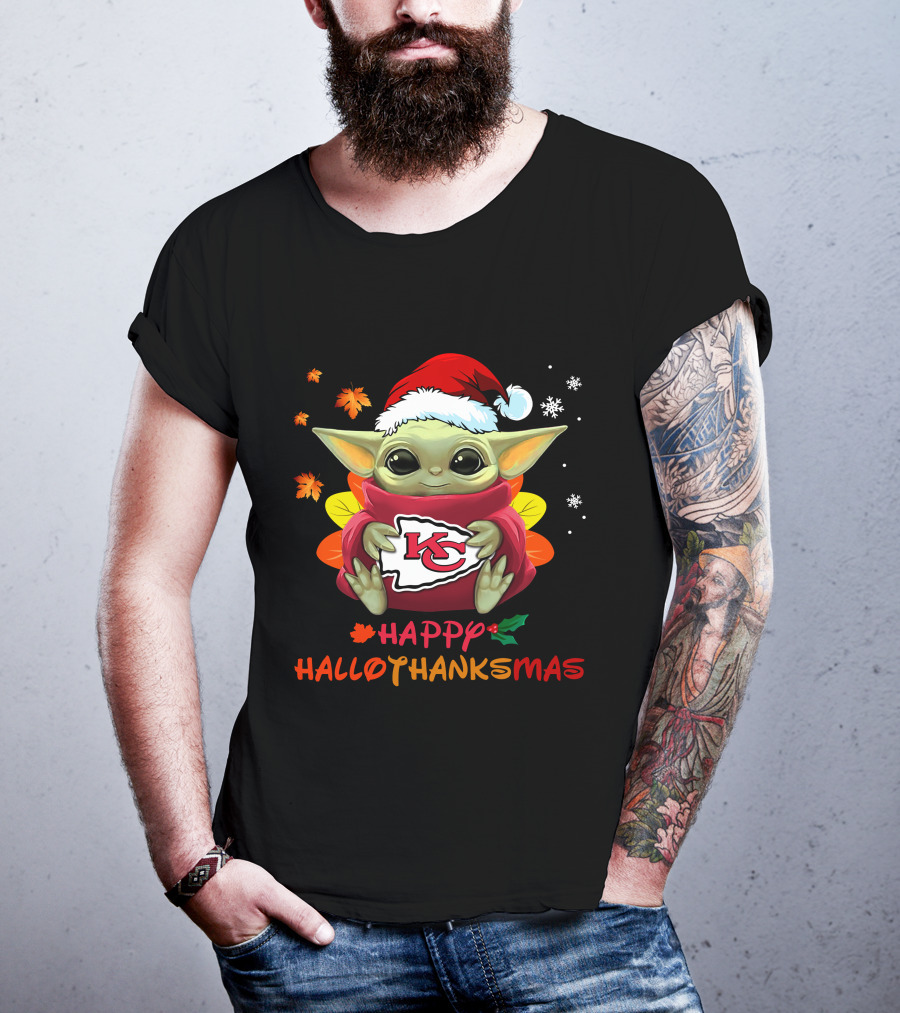 Kansas City Chiefs Baby Yoda Happy Hallothanksmas T-Shirt