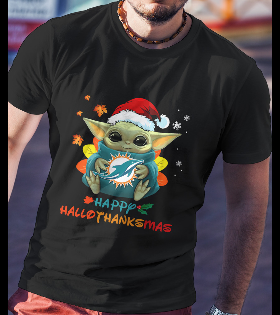 Happy Hallothanksmas Miami Dolphins Baby Yoda T-Shirt