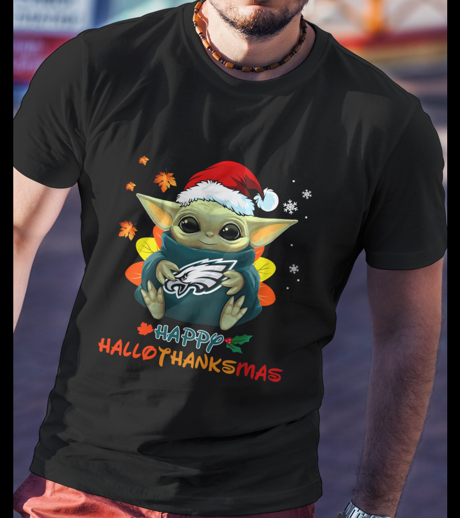 Happy Hallothanksmas Philadelphia Eagles Baby Yoda Santa Hat T-Shirt